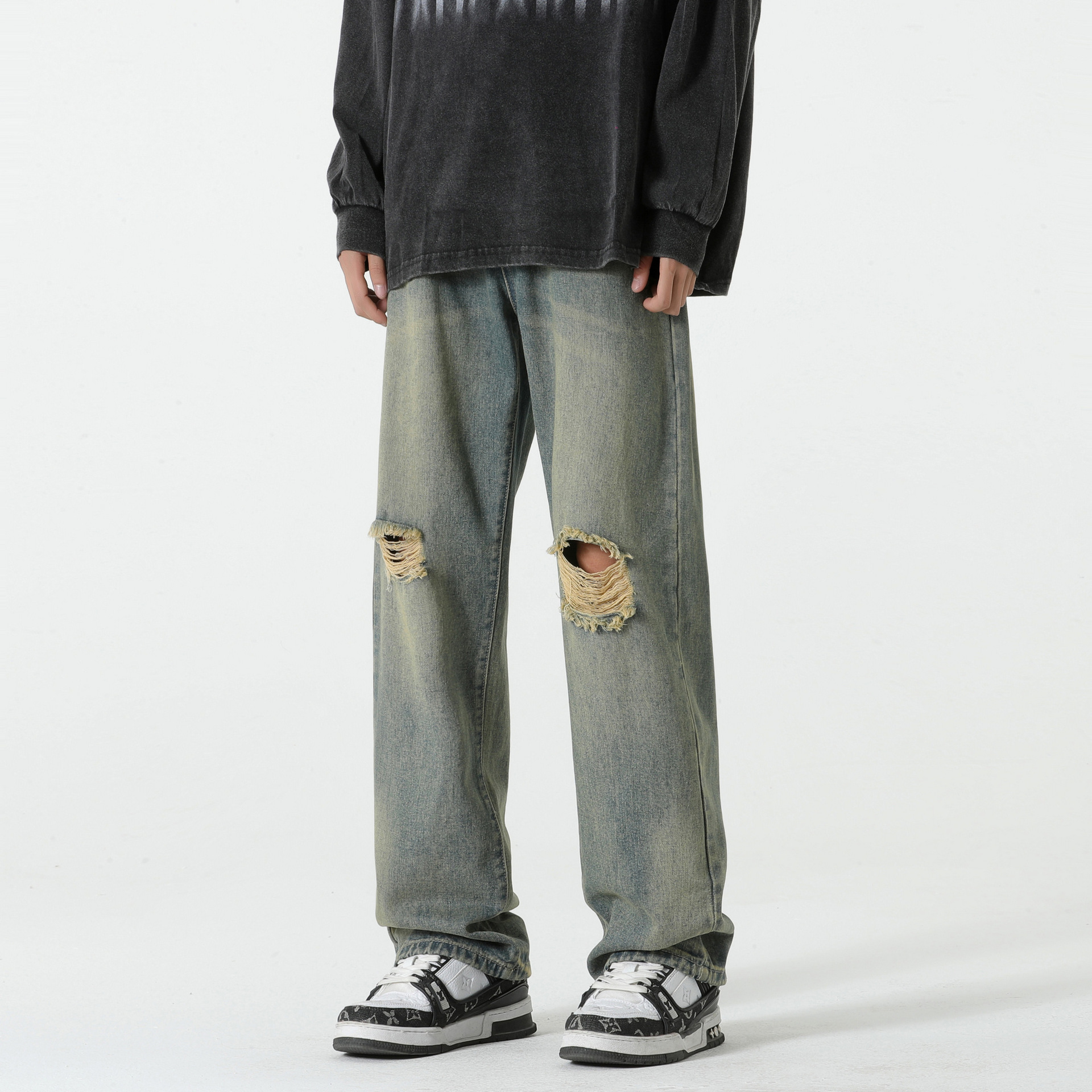 Pantalones vaqueros rasgados de los hombres de hip hop de la calle Otoño e Invierno nuevos pantalones sueltos de pierna ancha de la calle alta pantalones americanos azules retro de los hombres