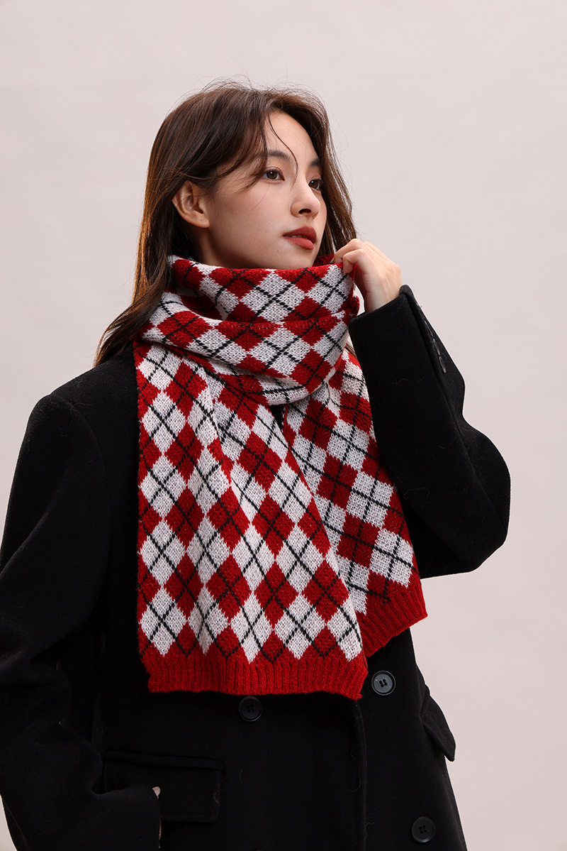 Sciarpa lavorata a maglia autunno inverno nuova con griglia a rombi, collo spesso e caldo, versatile per coppie, morbida_voghion.com