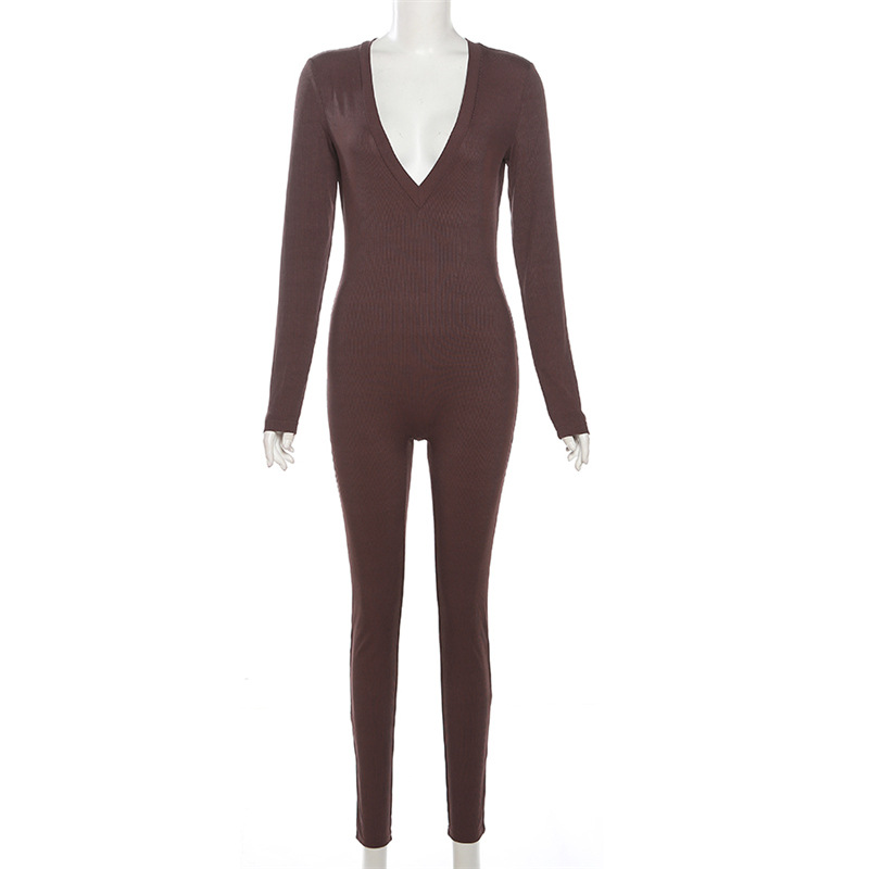 Fall Women Clothing Sexy Yoga Low Collar Solid Color Long Sleeve Narrow Slim Long Jumpsuit