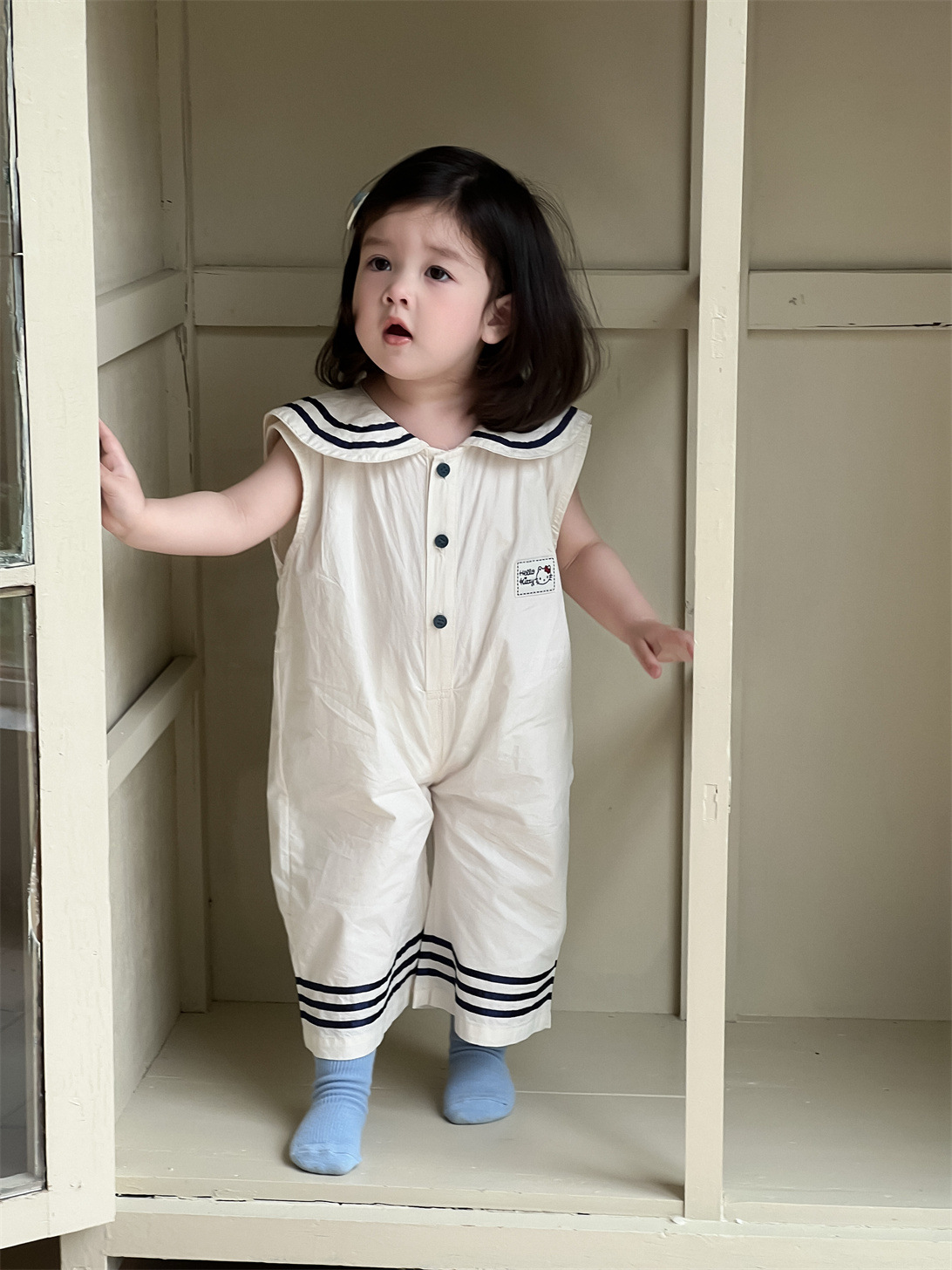 Ropa de verano para niñas, estilo delgado, novedad 2026, ropa de verano para niños, estilo coreano, ropa infantil, pelele de una pieza estilo marinero para bebé