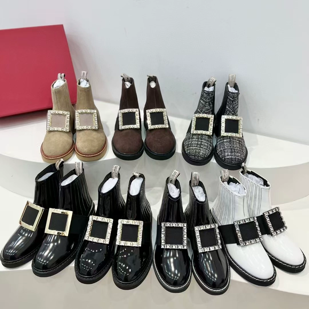 2024 осень новый английский стиль толстые сапоги Martin женский бархат RV стразы квадратные пуговицы женские кожаные сапоги челси сапоги