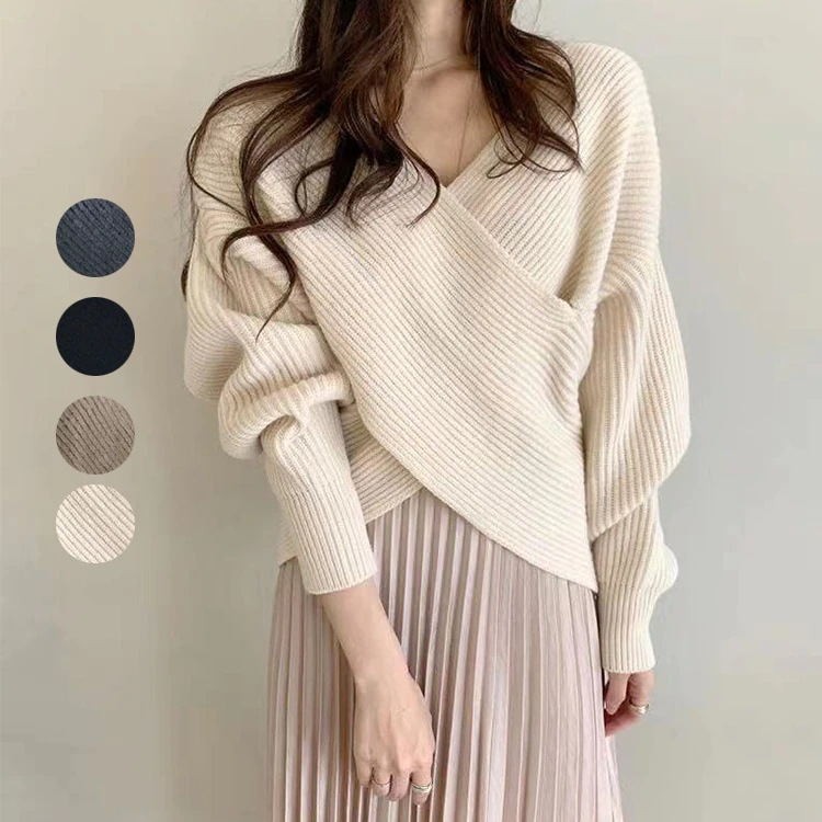 Suéter de punto holgado con cuello en V cruzado, estilo retro francés, chic coreano, para mujer, estilo corto, para otoño