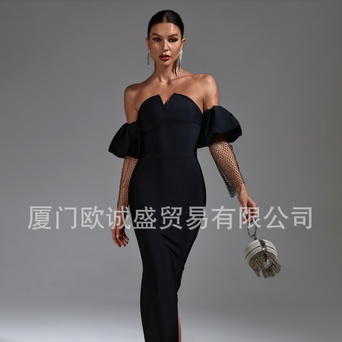 Cross-border Trade in stock Women's Strapless Small V-neck Bubble Sleeve Lace Mesh Split Bandage Black Evening Dress