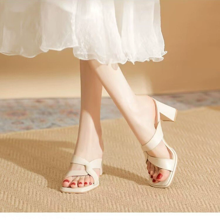 Женские летние босоножки ZA 2025 года, квадратный носок, из коровьей кожи, универсальные и удобные, на толстом высоком каблуке.