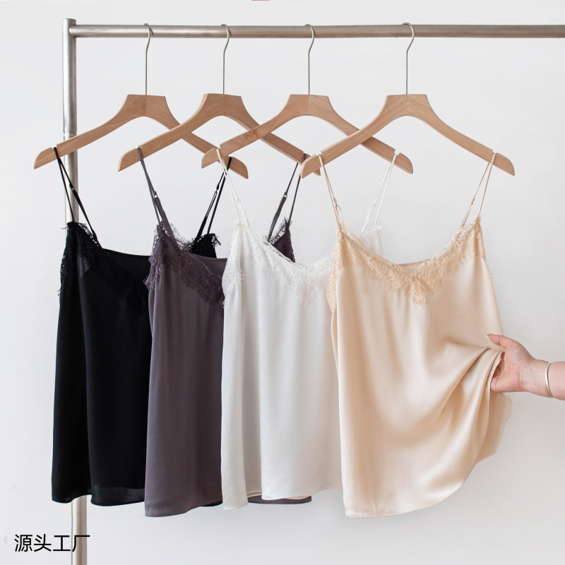 Breathable Mulberry Silk Fixed Cup Lace French Mesh Camisole Women's Slimming Outerwear Base Top
