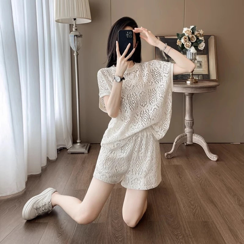 法式高级感蕾丝套装女2025夏季短袖短裤两件套睡衣女可外穿时尚|undefined