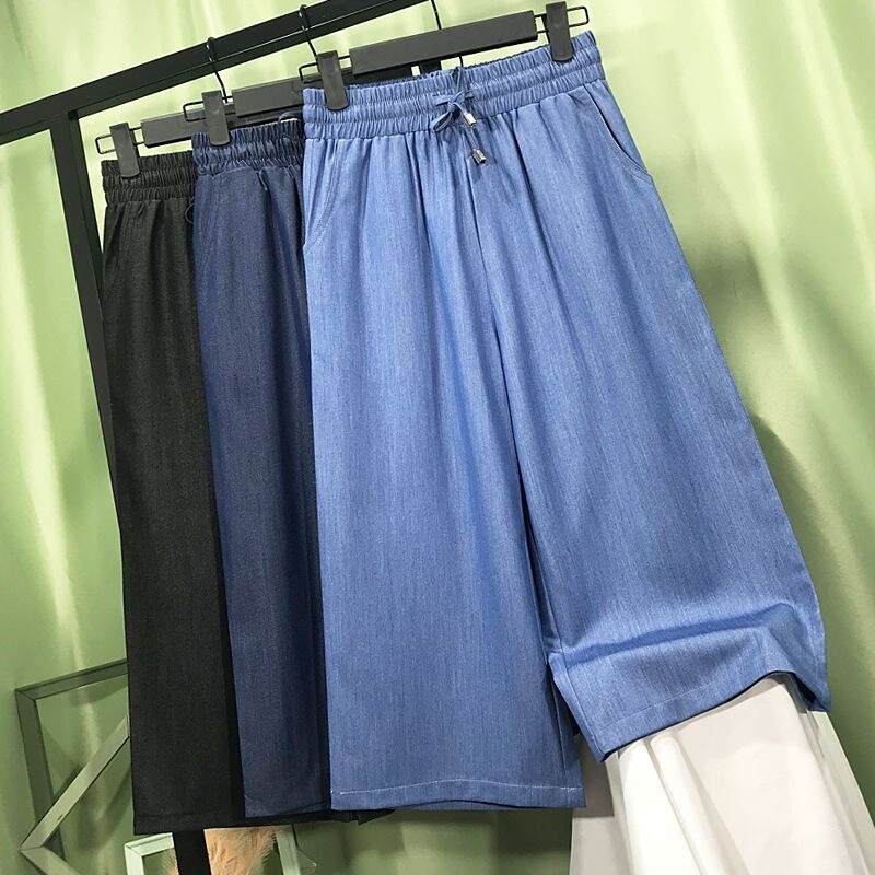 Women's Summer Thin Straight-Leg Wide-Leg Pants, Loose-Fitting 7/8 Length Wide-Leg Pants, Plus-Size Tencel Denim Mid-Length Pants