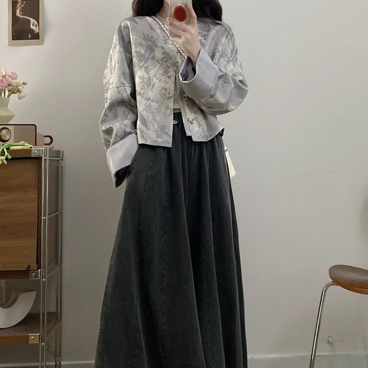 新中式国风盘扣短外套阔腿裤裙套装女秋季大码微胖mm感两件套