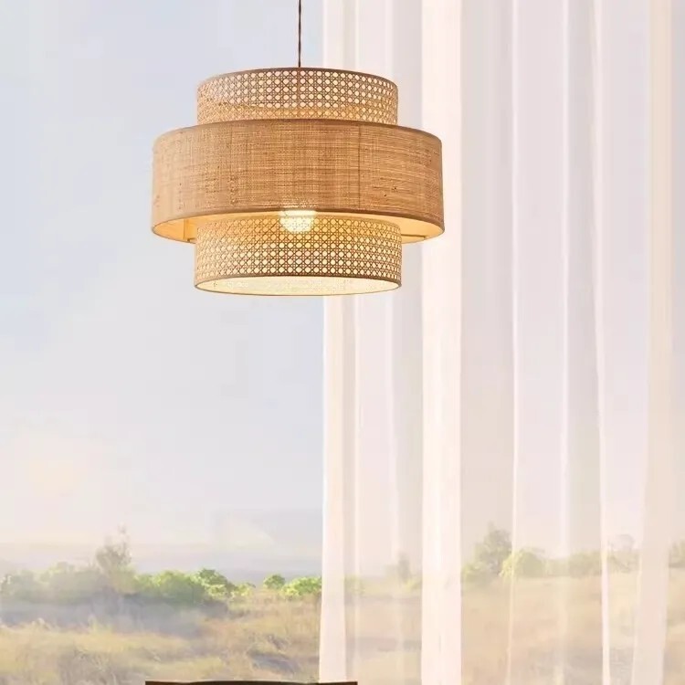 Japanese-Style Wabi-Sabi Rattan Fabric Pendant Light with Double-Layer Hollow Lampshade, Suitable for Dining Room, Homestay, Tea Room, and Creating a Cozy Atmosphere