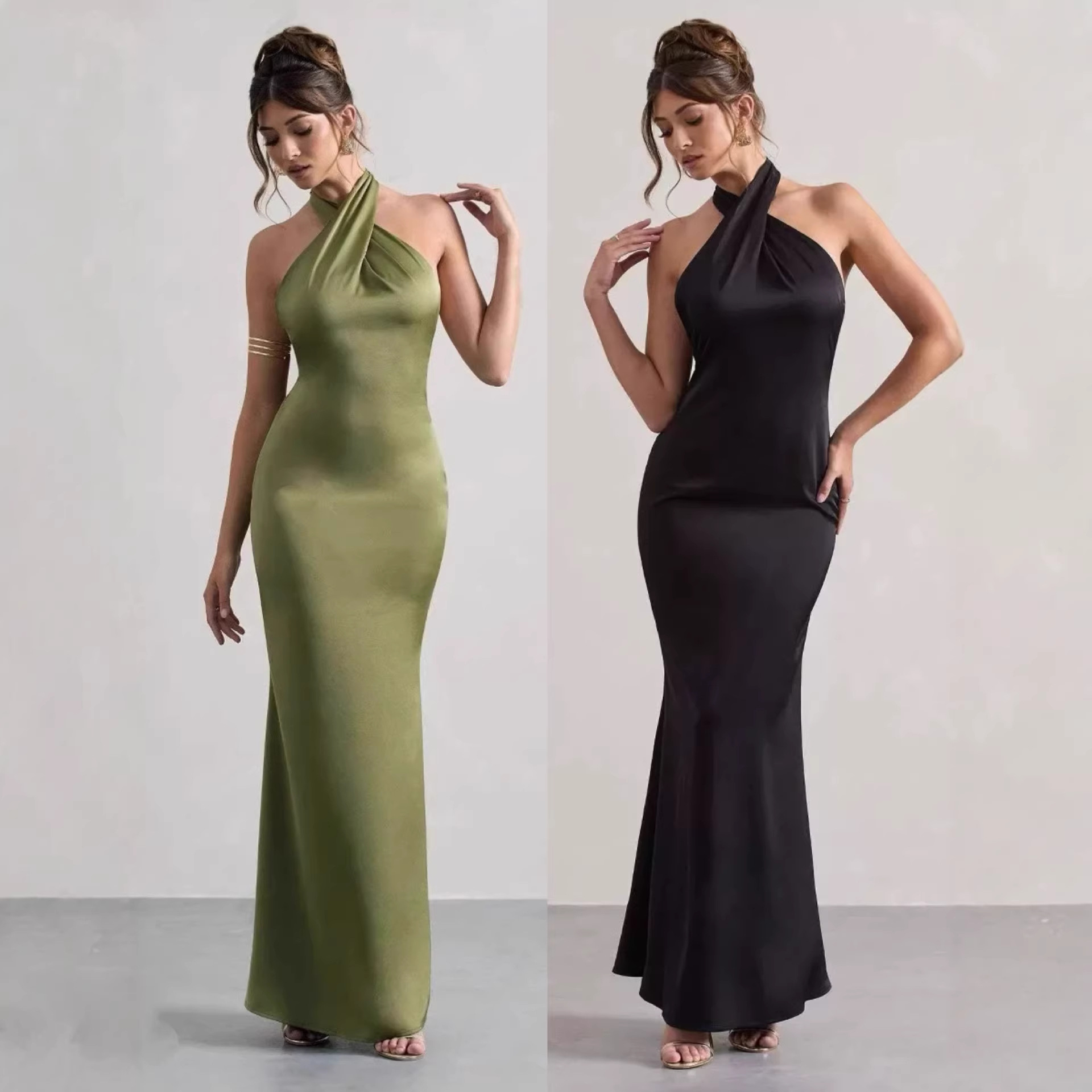 Cross-Border Halterneck Evening Dress European and American Slim New Pure Color Sexy Women's Dress Amazon Long Banquet