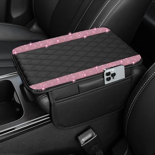 Car Shiny Crystal Armrest Box Mat Center Console Cover Leather Cover Pad Storage Bag Universal Protective Pad Arm Storage