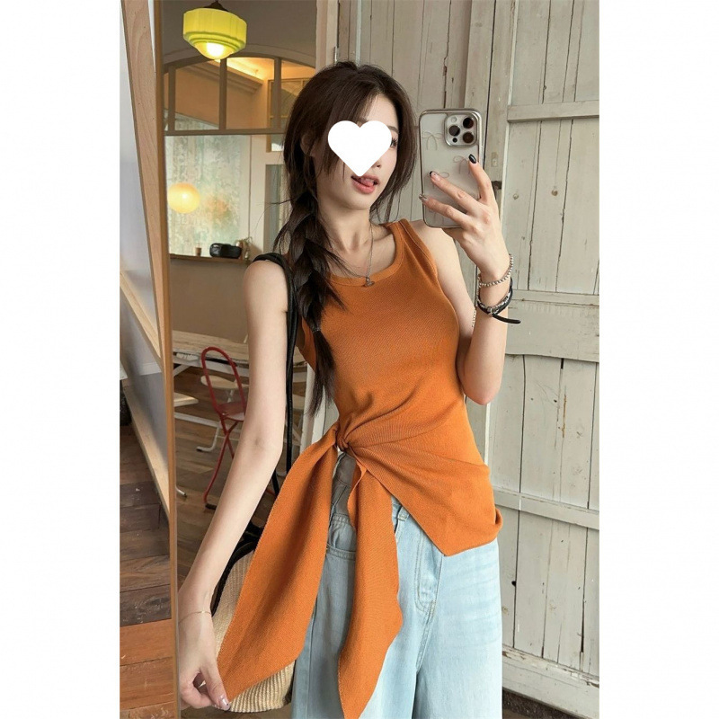 Wish Style Side Split Bow Lace-up Sleeveless Vest Women's Summer Hot Girl Tight Waist Slim Sweater Top