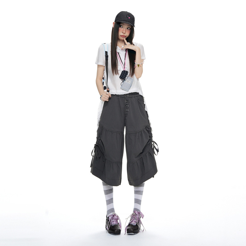 Pleated Buttoned Design Drawstring Workwear-Style Cropped Casual Pants for Women, 2026 Summer New High-Waisted Slimming Wide-Leg Pants