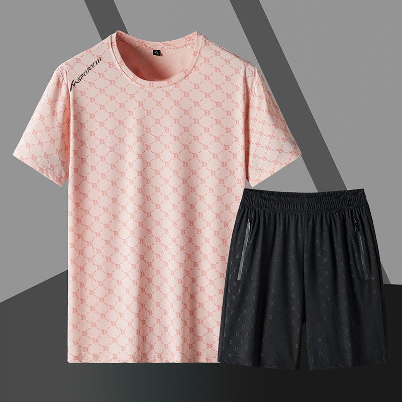 Traje deportivo de ocio de verano para hombre de seda de hielo de manga corta Camiseta pantalones cortos de dos piezas nuevo aire acondicionado de secado rápido conjunto corto venta al por mayor