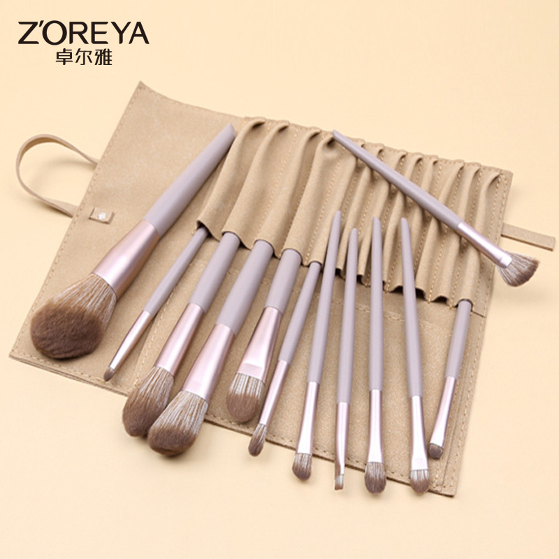 Zoreya leche marrón maquillaje herramientas Fundación sombra de ojos cepillo traje oblicuo Corte señaló cola 12 piezas maquillaje cepillo conjunto completo venta al por mayor