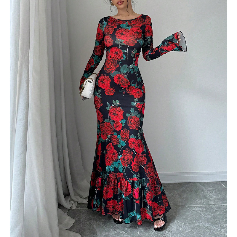 2025 Spring and Autumn New Cross-Border European and American Round Neck Elegant Slim Long Dress Rose Floral Flared Sleeve Hip Dress