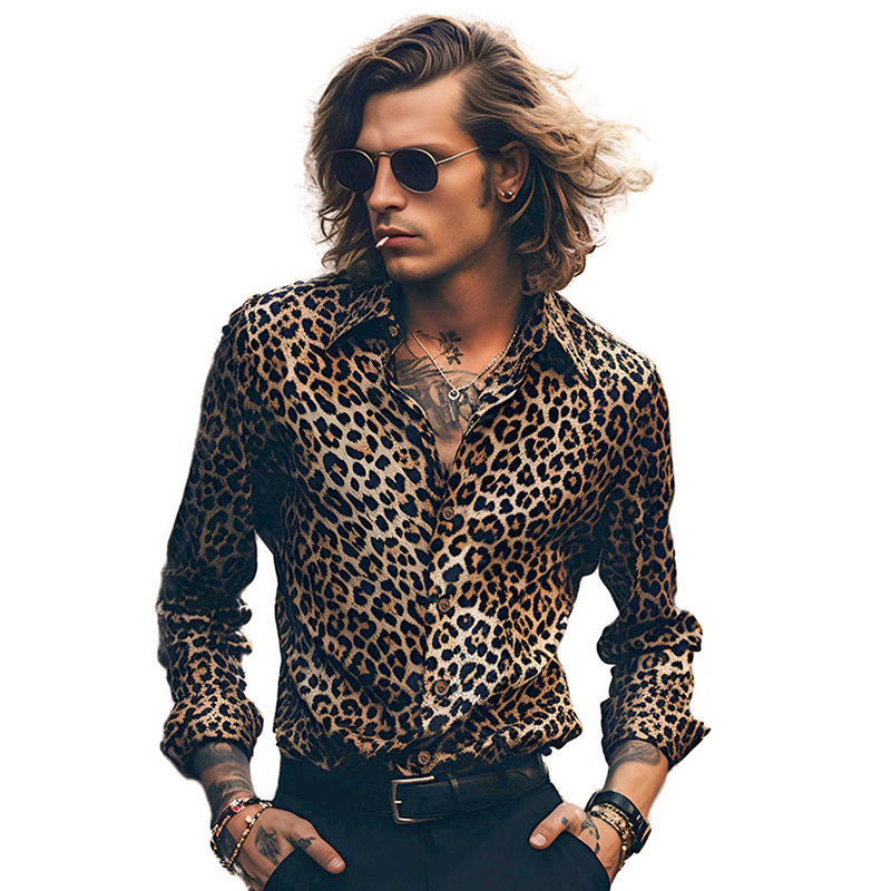 Amazon's New Autumn and Winter Shirts for Men, Leopard Print, Retro Casual, Large Size Men's Long-Sleeved Shirts, Floral Shirts