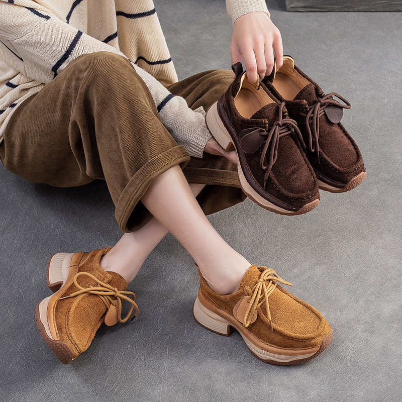 杰骤2025秋冬新款头层牛皮厚底舒适运动单鞋百搭时尚系带轻便女鞋