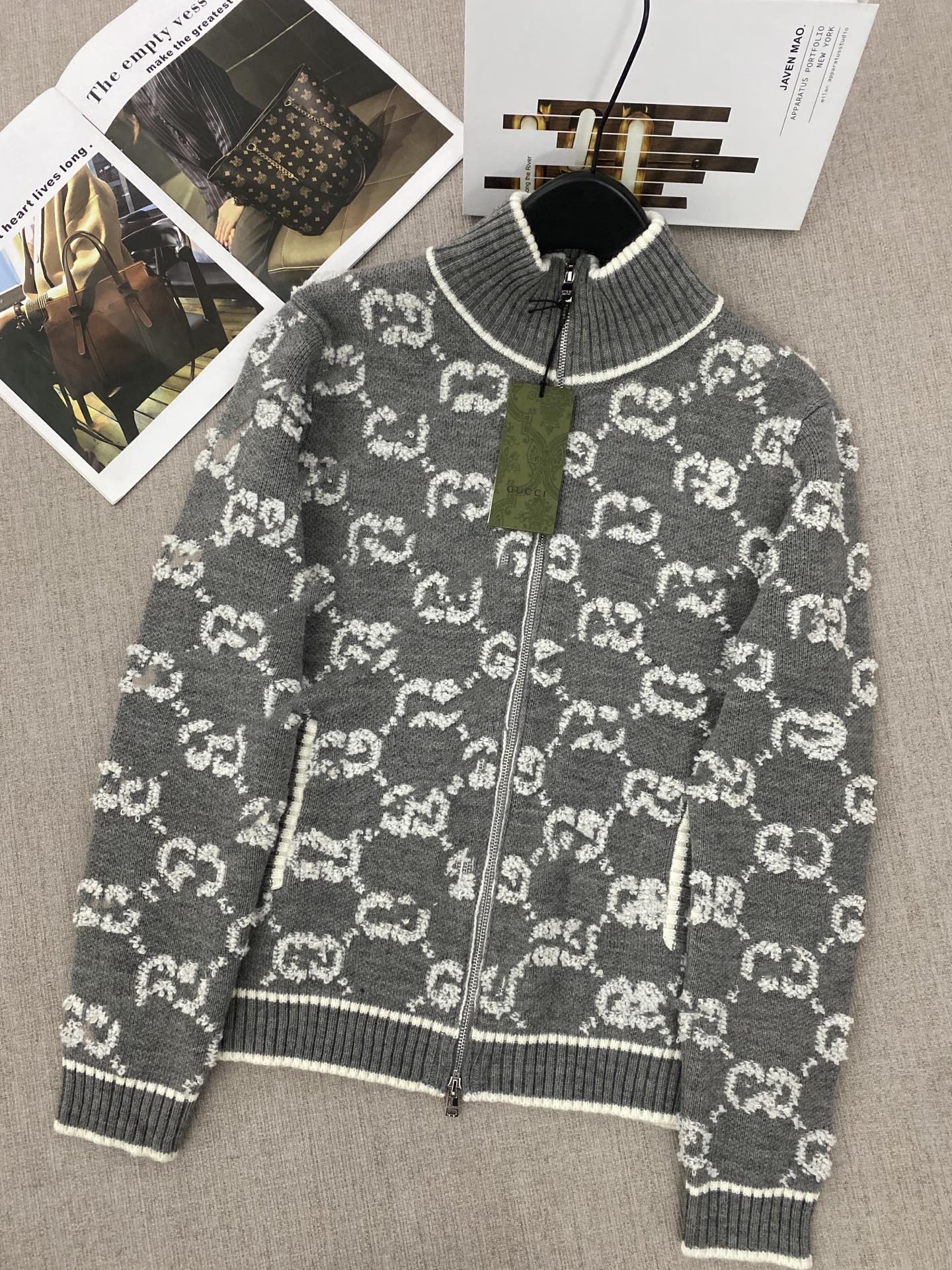 High Version Nanyou g Family New Towel Embroidered Stand Collar Zipper Double g Full Printed Knitted Wool Cardigan Women's Clothing