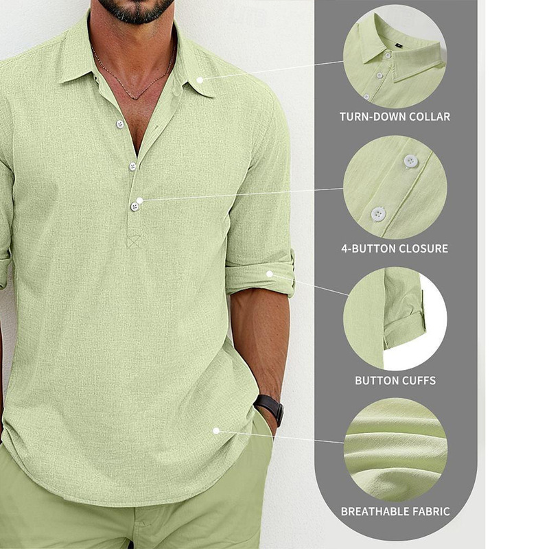 Men's Linen Shirt, Summer Export Cross-Border Solid Color Half-Open Shirt, Breathable, Sweat-Absorbent, Non-Iron Casual Short-Sleeve Shirt