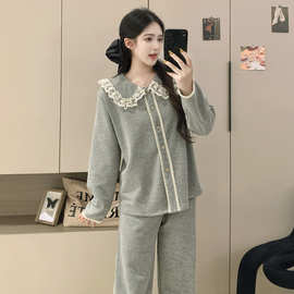 秋冬季新款睡衣女法兰绒时尚简约休闲可外穿加厚保暖家居服套装女