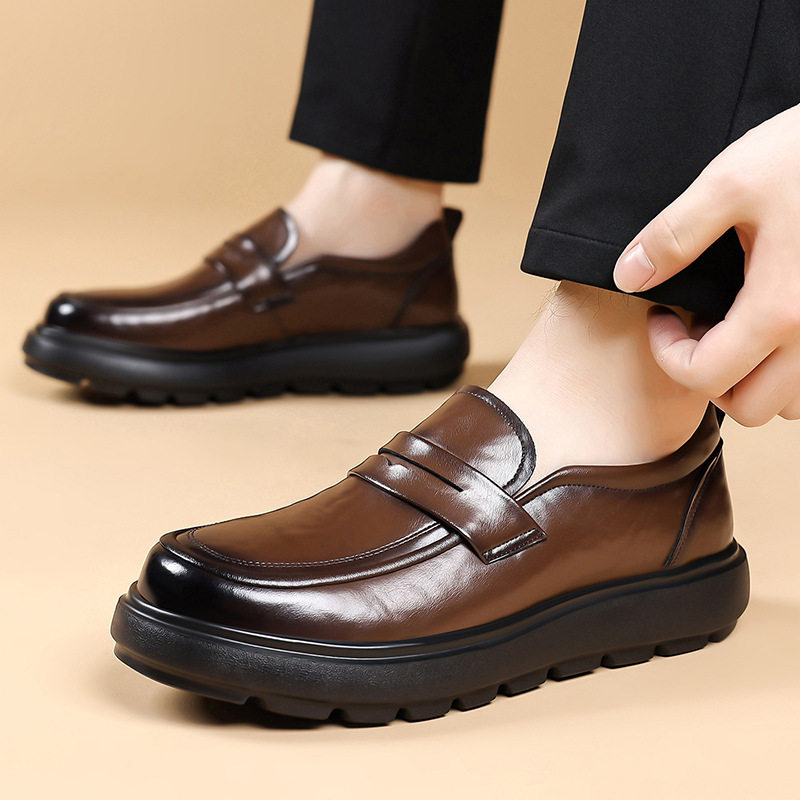 Giày da nam lười cổ thấp đế mềm tăng chiều cao, kiểu Anh công sở — màu nâu, đen