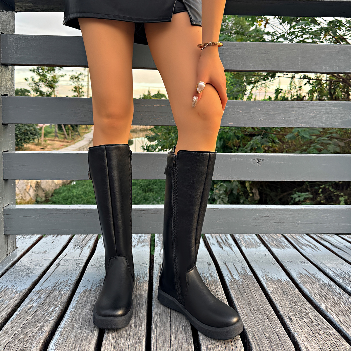 Plus Size Slimming High Top Boots British Style Thick Sole Leather Buckle Retro Round Toe Riding Boots For Women Winter New Style_voghion.com