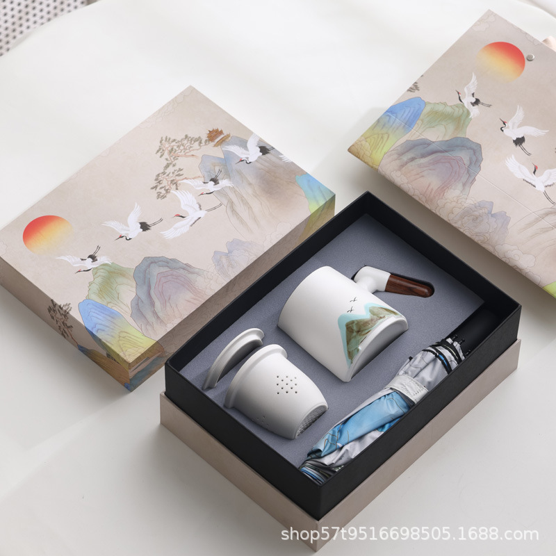 Taza de cerámica Jiangshan set de regalo de taza de marca de filtro de taza de agua de negocios de talla LOGO publicidad al por mayor