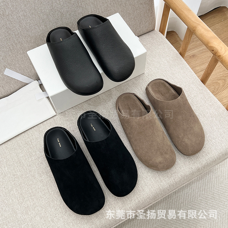 Lazy Style The*Row Casual Birkenstock Toe-Toe Slippers for Women Genuine Leather Soft-Soled Slip-On Mule Outer Half Slippers