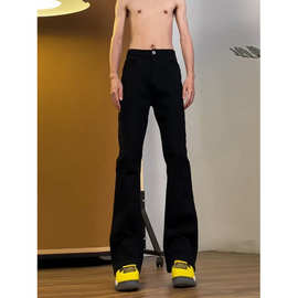 高档显瘦黑色弯刀牛仔裤男直筒修身美式高街vibe裤子弹力微喇裤潮