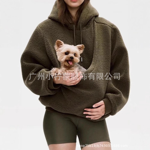 爆款女士冬季羊羔绒袋鼠口袋狗妈妈口袋连帽外出卫衣