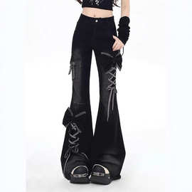黑色喇叭长裤女秋冬季立体蝴蝶结设计y2k辣妹修身高腰显瘦牛仔裤