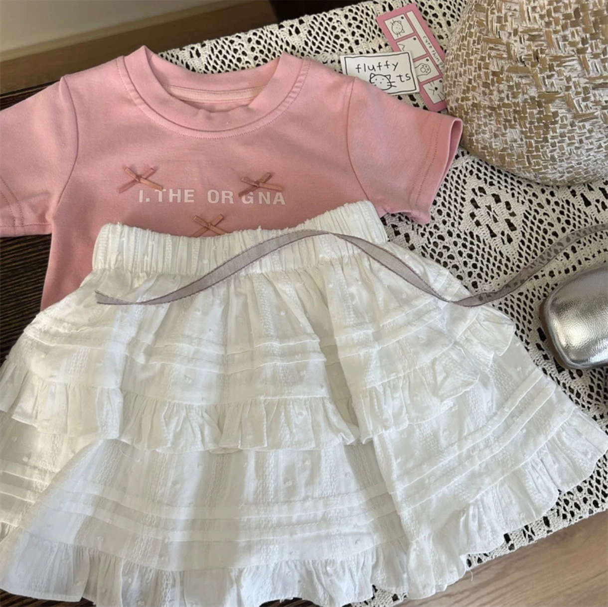 Girls Skirt Set, Korean Style Cute Princess Bow, Pink/Beige/Rice White, Sizes for 90–140 cm