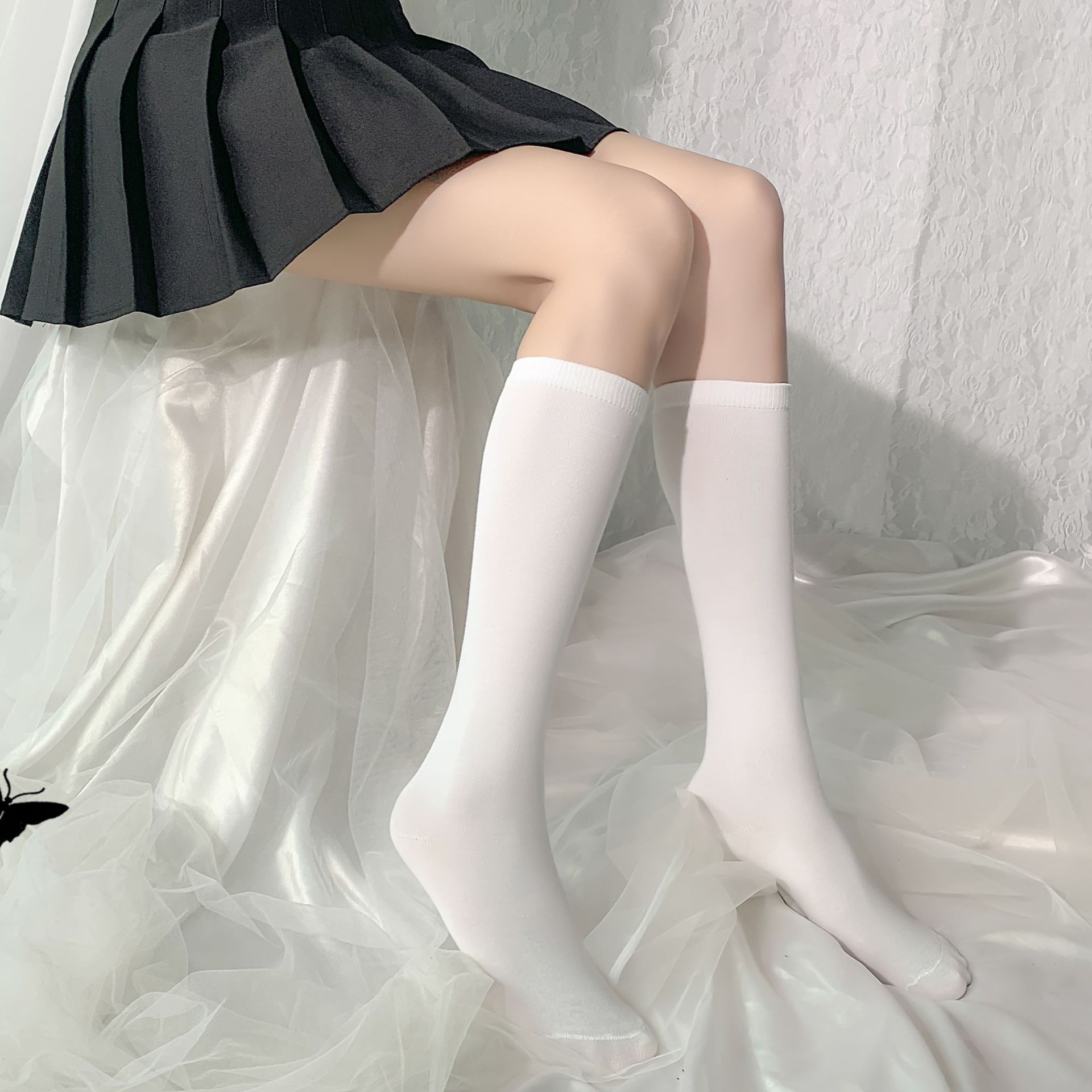 Combed Cotton Knee-High Striped Student Socks, White-Blue Over-Knee Sports Stockings, One Size — detail image 14
