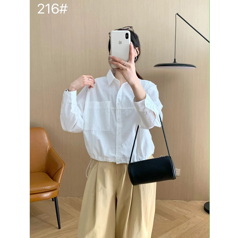 Early Autumn Formal Short Drawstring Elastic Hem Smart White Shirt Women's New Lapel Shirt for Small People