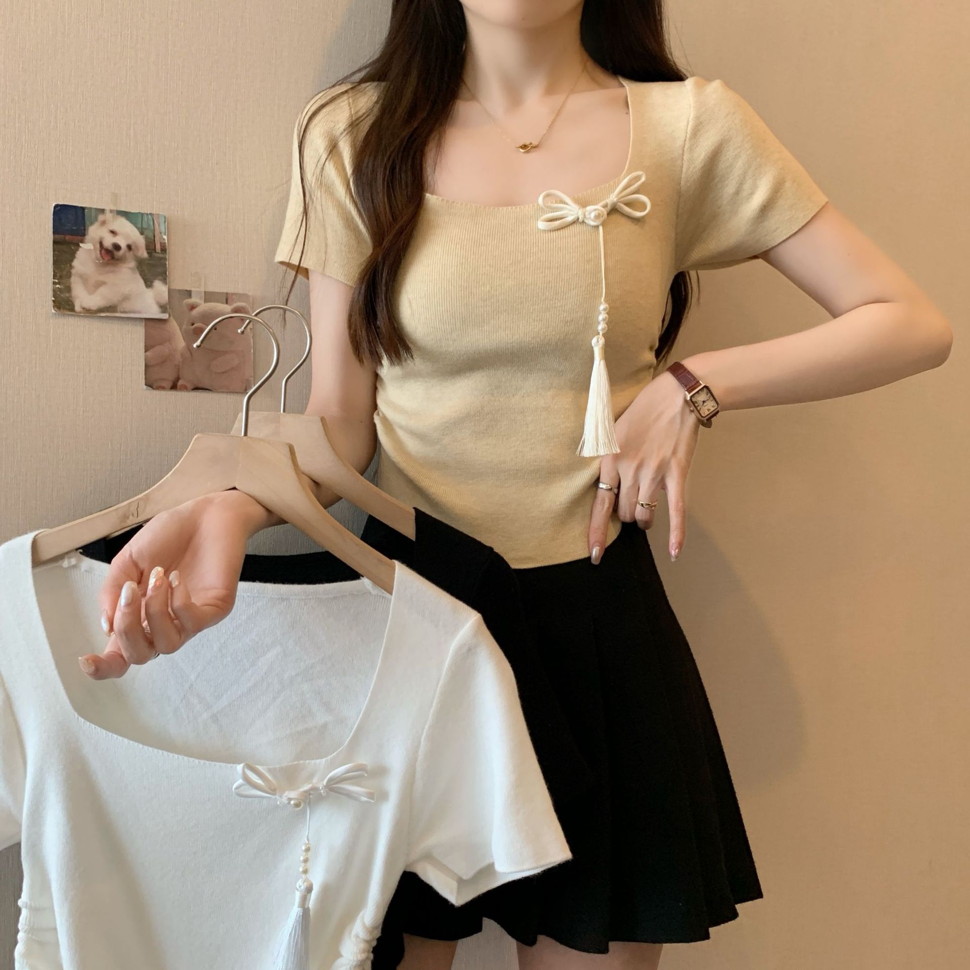 Nov poletni dizajn z naramnicami, nepravilna majica s kratkimi rokavi v kitajskem slogu, ženska pletena majica s kratkimi rokavi in ​​oglatim izrezom._voghion.com