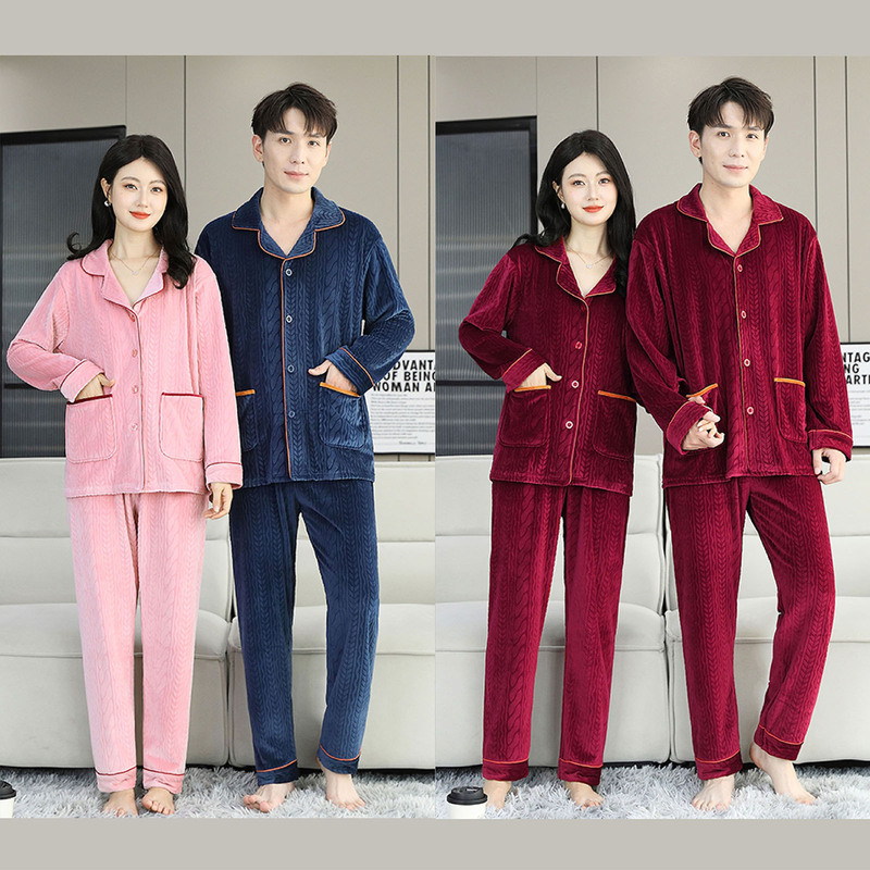 Island Velvet Pajamas, Autumn and Winter Style, Women's Long-Sleeved Set, Home Wear, Can Be Worn Outside, Casual Couple Pajamas, Women's and Men's Thickened Version