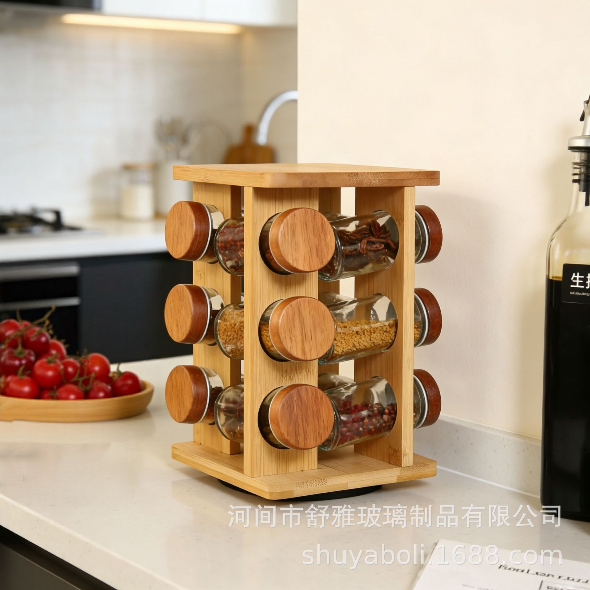 Explosiones transfronterizas 12 latas de vidrio cubierta de bambú y madera multicapa condimento rotativo multifuncional marco de acabado de cocina de almacenamiento