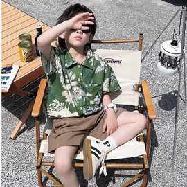 儿童花衬衫男童夏装网红港风海边度假风时尚洋气宝宝短袖开衫上衣