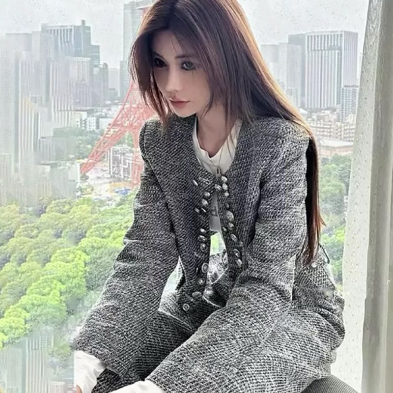小香风套装女2025秋冬新款高级感气质名媛短外套高腰直筒裤两件套|undefined