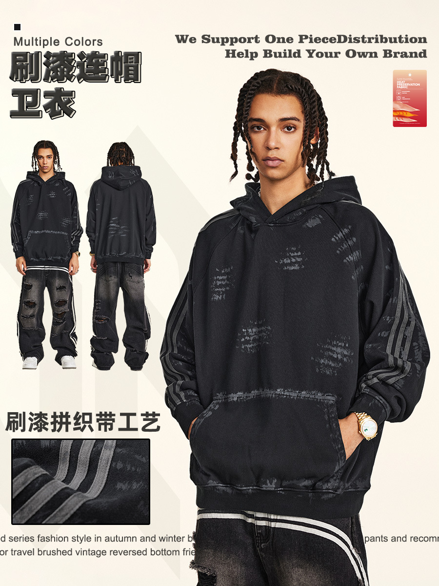 BE ropa de hombre | 2025 otoño e invierno Bajia tienda de compradores de alta calidad viento sucio pintado viejo retro suéter con capucha hombre image 3
