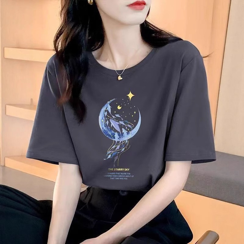 Loose Cotton Short-Sleeved T-Shirt for Women, New Summer Wear, Inner Top, Right Shoulder Design, Sweatshirt for Women, Round Neck, Spring & Fall