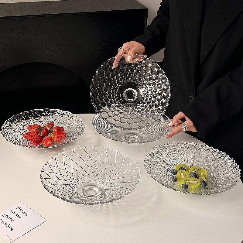 Plato de frutas de vidrio de lujo, mesa de té de sala de estar, plato de dulces de recepción de alta calidad, plato de frutas secas, nueces, bocadillos