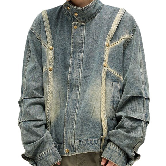 Americano retro costura Denim abrigo de primavera y otoño de los hombres de diseño suelto sentido nicho casual todo-Juego de ropa de trabajo chaqueta superior