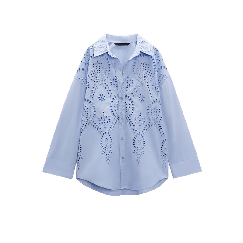 Long Sleeve Lapel Versatile Casual Top Hollow Embroidery Loose Shirt - Bild 4 von 5