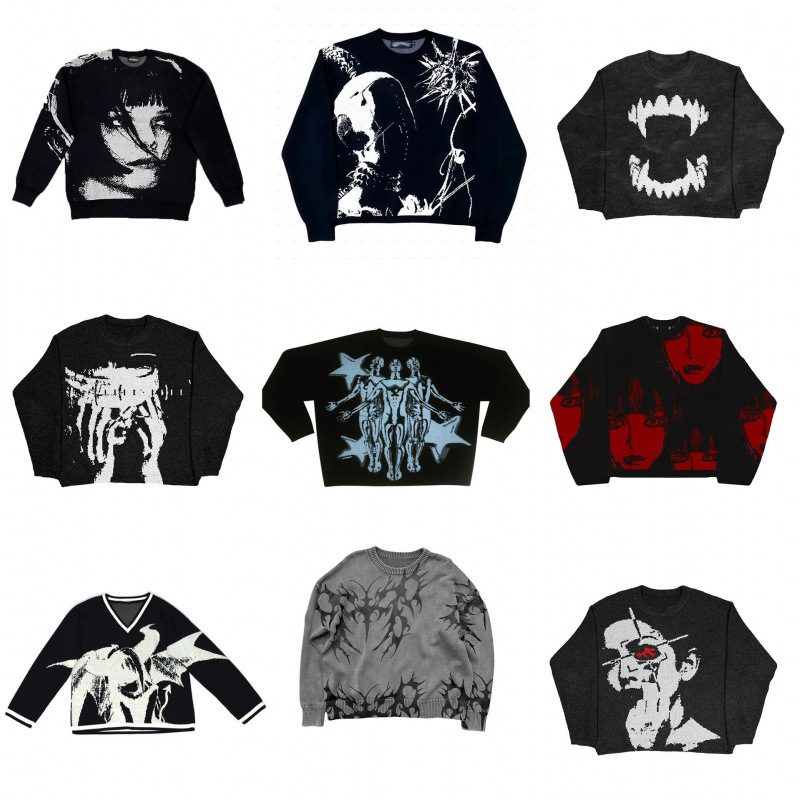 European and American Autumn and Winter Trendy Hip-Hop Style Cartoon Print Loose Pullover Outer Knitwear Cross-Border Knitwear Wholesale European and American Autumn and Winter Trendy Hip-Hop Style Cartoon Print Loose Pullover Outer Knitwear Cross-Border Knitwear Wholesale
