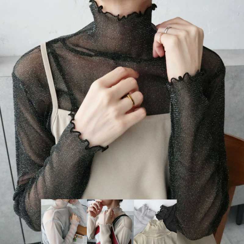 진짜 샷 거대한 재고 새로운 골드 반짝이는 여성의 관점 긴 소매 하이 칼라베이스 셔츠 안에 티셔츠를 쌓았다