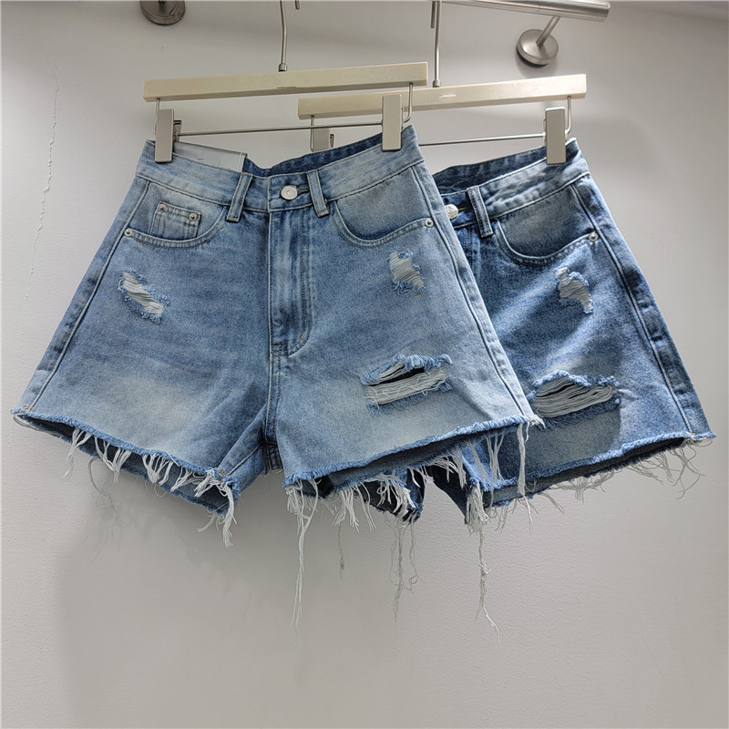 Pantalones Cortos de Mezclilla de Tiro Alto con Agujeros para Uso Casual