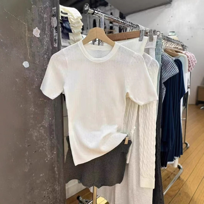 BM Style New Style Flat Mesh Hollow Round Neck Short-sleeved T-shirt Women's BM Slim-fit Slimming Base Shirt Cool Top BM Style New Style Flat Mesh Hollow Round Neck Short-sleeved T-shirt Women's BM Slim-fit Slimming Base Shirt Cool Top