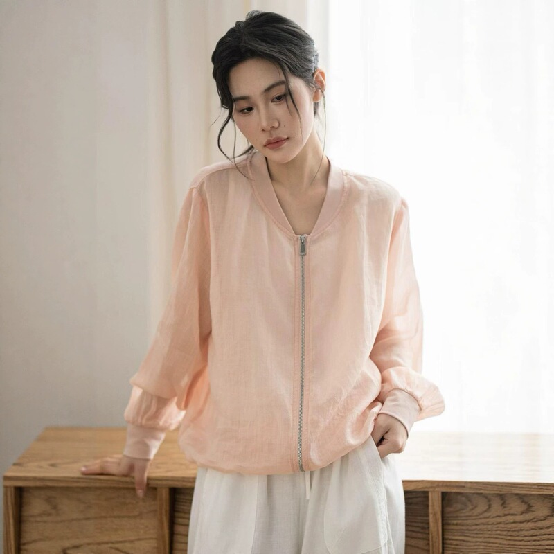 Pure Ramie Ribbed Zipper Sun Protection Clothing 2026 Summer New Style Lightweight Long-Sleeved Shirt Solid Color Top for Women 2627